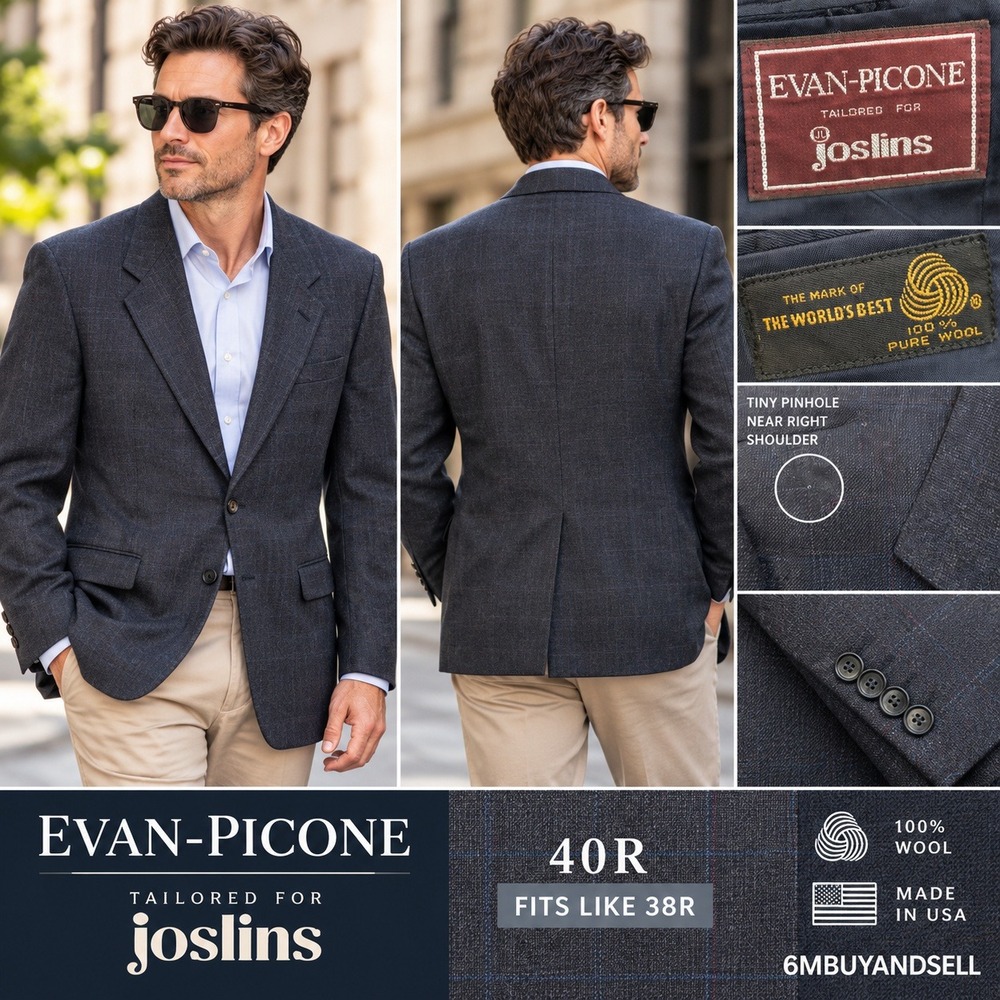 Evan-Picone Joslins Mens 40R Wool Blazer Charcoal Grey Windowpane Plaid USA Made